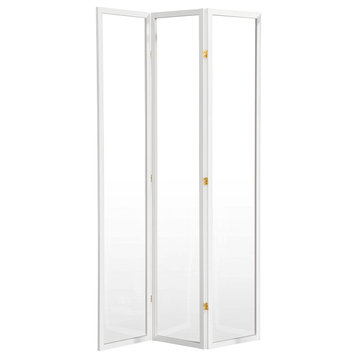 Modern Room Divider, Wooden Frame With Clear Acrylic Screens, White, 3 Panels