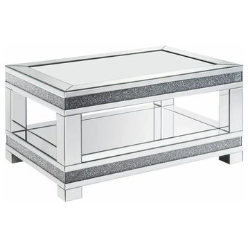 Contemporary Coffee Table, Mirrored Top, Shelf With Faux Diamonds Inlay Accents