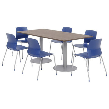 36 x 72" Table - 6 Navy Lola Chairs - Teak Top - Silver Base