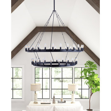 48-Light Wagon Wheel Chandelier Candle Style Ceiling Light, Black