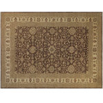 Bareens Designer Rugs - Boho Chic Ziegler Meredith Brown Ivory Hand-Knotted Wool Rug - 9'10'' x 12'10'' - Enhance the ambiance of your home with this magnificent Persian-influenced Turkish hand-knotted rug made by skilled artisans capable of creating the most exceptional vegetable dyes and hand-spun wool. This exquisite handmade rug is a one-of-a-kind Peshawar Kafkaz, otherwise identified as Chobi, Chobi Peshawar, Oushak, or Ziegler rug. These handmade rugs are crafted in Pakistan utilizing superior-quality wool imported from Australia, New Zealand, and Korea in two types of weaves: the Persian weave and the Mori weave. This rug is meticulously crafted by hand using the finest natural vegetable dyes extracted from local plants. The artisans use a blend of hand-spun local and fine merino wool, resulting in a rug with a compelling texture, higher lanolin content, and longer staple. The artisans occasionally incorporate natural or artificial silk into the pile to enhance specific motifs. The finished product is an awe-inspiring execution of flawless design and an understated palette that exudes elegance.