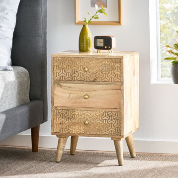 Boho Nightstand, Mango Wood Construction & Unique Geometric Accents, Natural