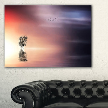 "Lonely Tree And Birds Panorama" Extra Large Wall Art Landscape, 40"x20"