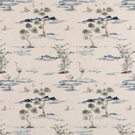Blue Toile Linen Look Print Upholstery Fabric by the Yard