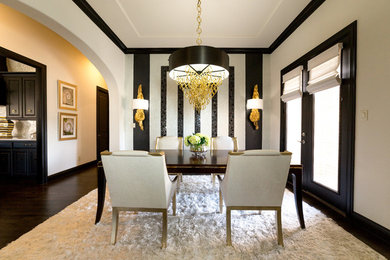 Photo of a mid-sized contemporary dining room in Dallas with dark hardwood floors and no fireplace.