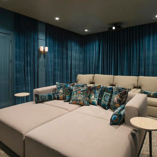 Inspiration for a contemporary home cinema in Dallas.