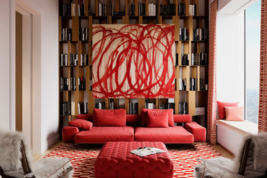Family room - mid-sized contemporary carpeted and red floor family room idea in New York with white walls and a media wall