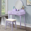 Contemporary Vanity Set, Table With Angled Tapered Legs & Round Mirror, Purple