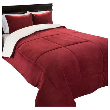 Sherpa/Fleece Comforter Set, Burgundy, Full/Queen, 3 Piece