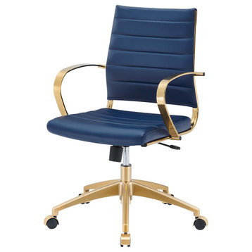 Computer Work Desk Chair, Navy Gold, Faux Vinyl Leather, Home Office