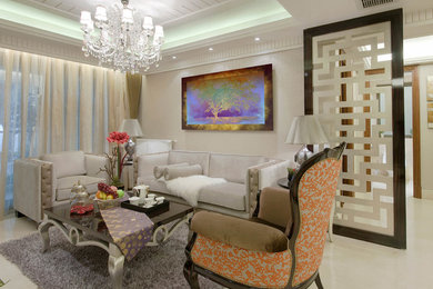 Example of a mid-sized trendy living room design in Los Angeles with white walls