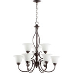 Quorum - Quorum 6010-9-186 Spencer - Nine Light 2-Tier Chandelier - Shade Included: TRUESpencer Nine Light Chandelier Oiled Bronze Satin opal Glass *UL Approved: YES *Energy Star Qualified: n/a  *ADA Certified: n/a  *Number of Lights: Lamp: 9-*Wattage:60w Medium bulb(s) *Bulb Included:No *Bulb Type:Medium *Finish Type:Oiled Bronze