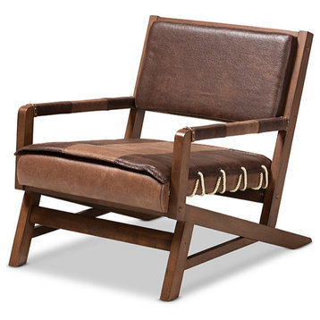 Rovelyn Rustic Brown Faux Leather Upholstered Walnuted Wood Lounge Chair