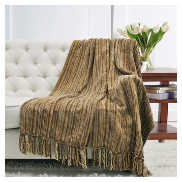 Multi-Color Crystal Chenille Throw Blanket, Camel/Coffee, 50"x60"