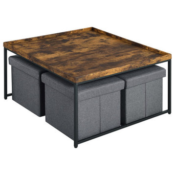 Vinny Wood Grain 5-Piece Coffee Table Set With Raised Edges, Weathered Oak