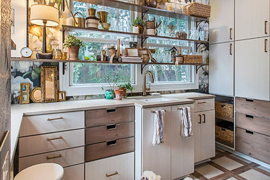 Example of a mid-sized transitional u-shaped enclosed kitchen design in Detroit with an undermount sink, flat-panel cabinets, beige cabinets, no island and beige countertops