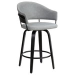 Armen Living - Doral 26 Dark Gray Faux Leather Barstool in Black Brushed Wood - The Armen Living Doral contemporary barstool is a practical, yet stylish piece designed for both comfort and aesthetic pleasure. The Doral's durable black coated wood finished exterior finds good company with the barstool's sleek dark grey faux leather upholstered seat and back. The Doral has swivel functionality with Black Steel finished footrest beautifully compliments the elegant, straight leg design of this impressive stool. Featuring a foam padded, higher back design, the Doral offers optimal lumbar support without compromising on the stool's contemporary appearance. The stylish Doral is available in 2 industry standard sizes; 26 inch counter and 30 inch bar height. Also available in black coated wood finish with light grey fabric and Chrome Accent.