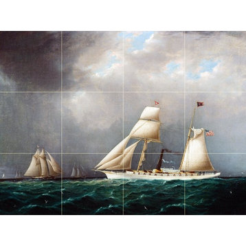 Tile Mural, Seascape American Sailing Yacht in the Emerald Sea Ceramic Matte