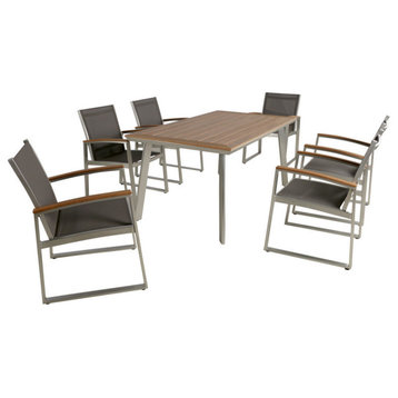 GDF Studio 7-Piece Tabby Outdoor Dining Set With Mesh Chairs and Faux Wood Top