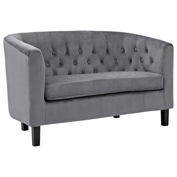 Contemporary Loveseat, Cushioned Velvet Seat and Curved Button Tufted Back, Gray