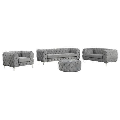 Julissa 4 Piece Velvet Living Room Set UFE, Gray