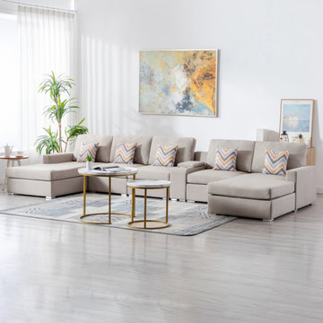 Nolan 163" Linen 6Pc Double Chaise Sectional Sofa with Interchangeable Legs, a U