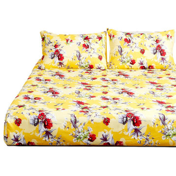 Sunshine Hummingbirds Floral Fitted Bed Sheet Set with Pillow Cases , Cal King