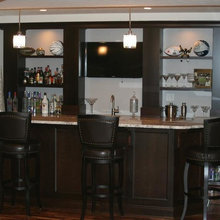 Open shelving behind bar