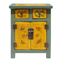 Chinese Oriental Distressed Yellow Gray Butterflies End Table Nightstand - Side Tables And End Tables