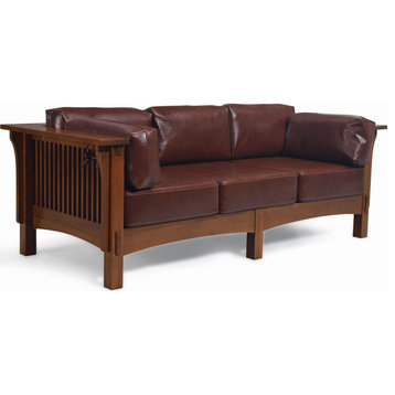 Mission Crofter Style Solid Quarter Sawn Oak and Leather Sofa, Brown Leather