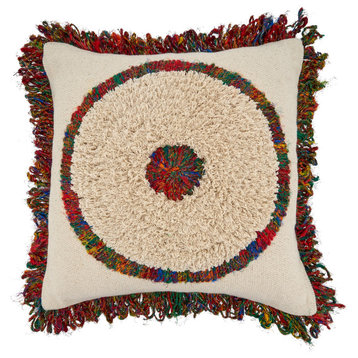 Throw Pillow Cover With Boho Circle Design, 20"x20", Multi