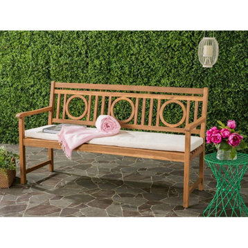 3 Seater Outdoor Bench, Beige Cushioned Seat and Geometric Back, Natural