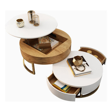 Round Wood Coffee Table With Lift-Top and Rotatable Drawer, White/Natural
