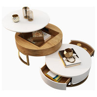Nesnesis Modern Round Nesting Wood Coffee Table with Drawers, White/Natural