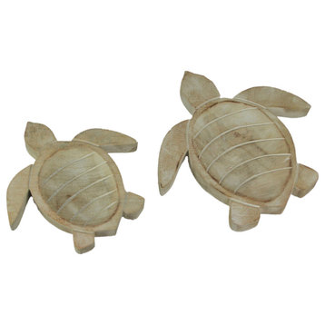 Set of 2 Hand Carved Wooden Sea Turtle Decorative Bowl 8 and 10 Inch
