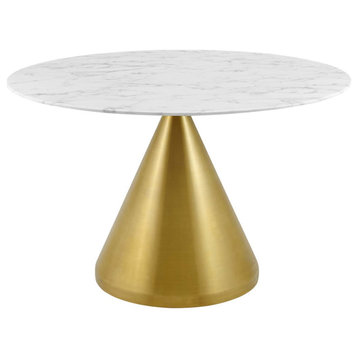 Gold Cone Dining Table, Glam Luxe 47" Round Faux Marble Top Dining Table, White