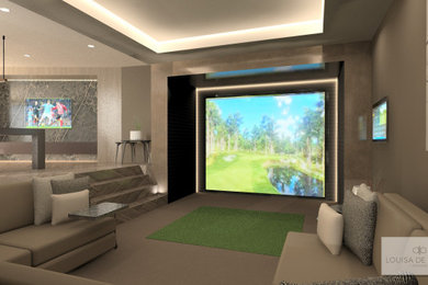 Inspiration for a large contemporary open plan home cinema in Other with beige walls, light hardwood flooring, a projector screen and feature lighting.