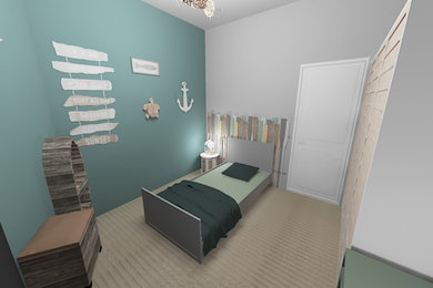Foto de dormitorio infantil de 4 a 10 años marinero de tamaño medio con paredes azules y suelo beige