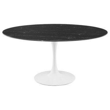 Modway Lippa 60" Round Metal & Artificial Marble Dining Table in Black/White