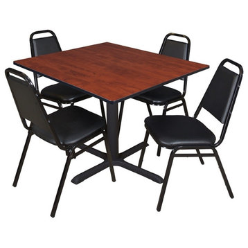 Cain 48" Square Breakroom Table, Cherry and 4 Restaurant Stack Chairs, Black