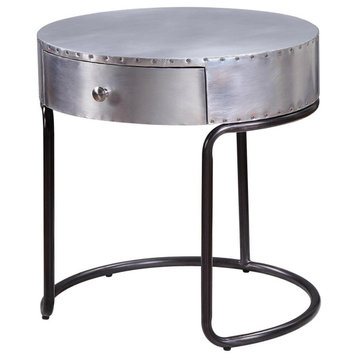 Industrial End Table, Open Metal Frame With Round Top and Storage Drawer