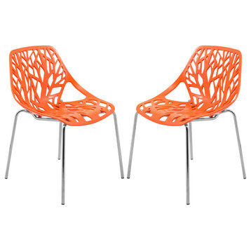 Leisuremod Asbury Plastic Dining Chair With Chromed Legs, Set of 2, Orange