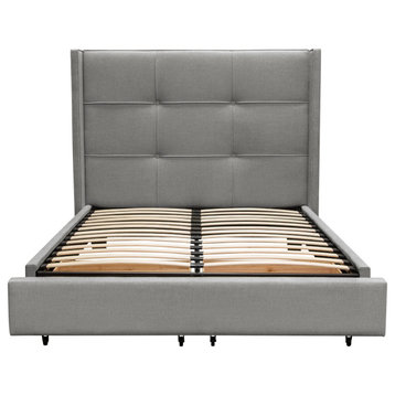 Eastern King Bed, Integrated Footboard Storage Unit, Accent Wings, Grey Fabric