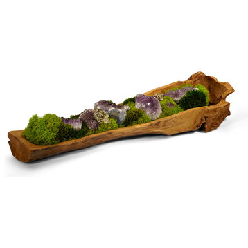 organic moss and amethyst in hand carved wood log