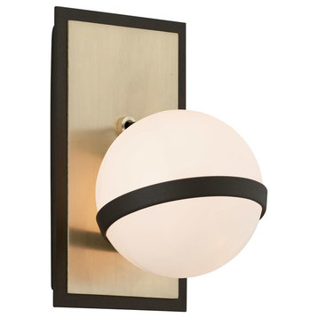 Ace, Wall Sconce, Textured Bronze and Brushed Brass Finish, Gloss Opal Glass