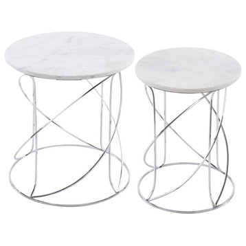 Nested White Marble Tables With Modern Spiral Base, 2-Piece Set