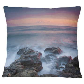 Blue Rocky Sea Beach Sunset Modern Landscape Printed Throw Pillow, 18"x18"