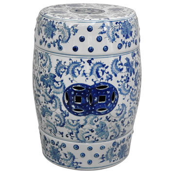 18" Floral Blue and White Porcelain Garden Stool