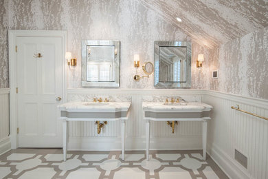 Inspiration for a large transitional master subway tile painted wood floor and gray floor corner shower remodel in New York with furniture-like cabinets, gray cabinets, gray walls, a console sink, quartz countertops and a hinged shower door
