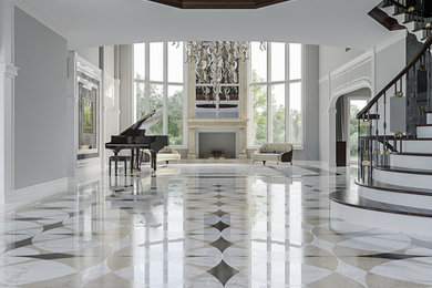 Photo of a foyer in New York with marble floors.